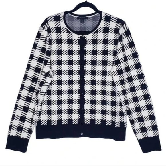 Ann Taylor Cardigan Sweater Gingham Black White Checkered Office Classic Sz XS - Picture 1 of 8